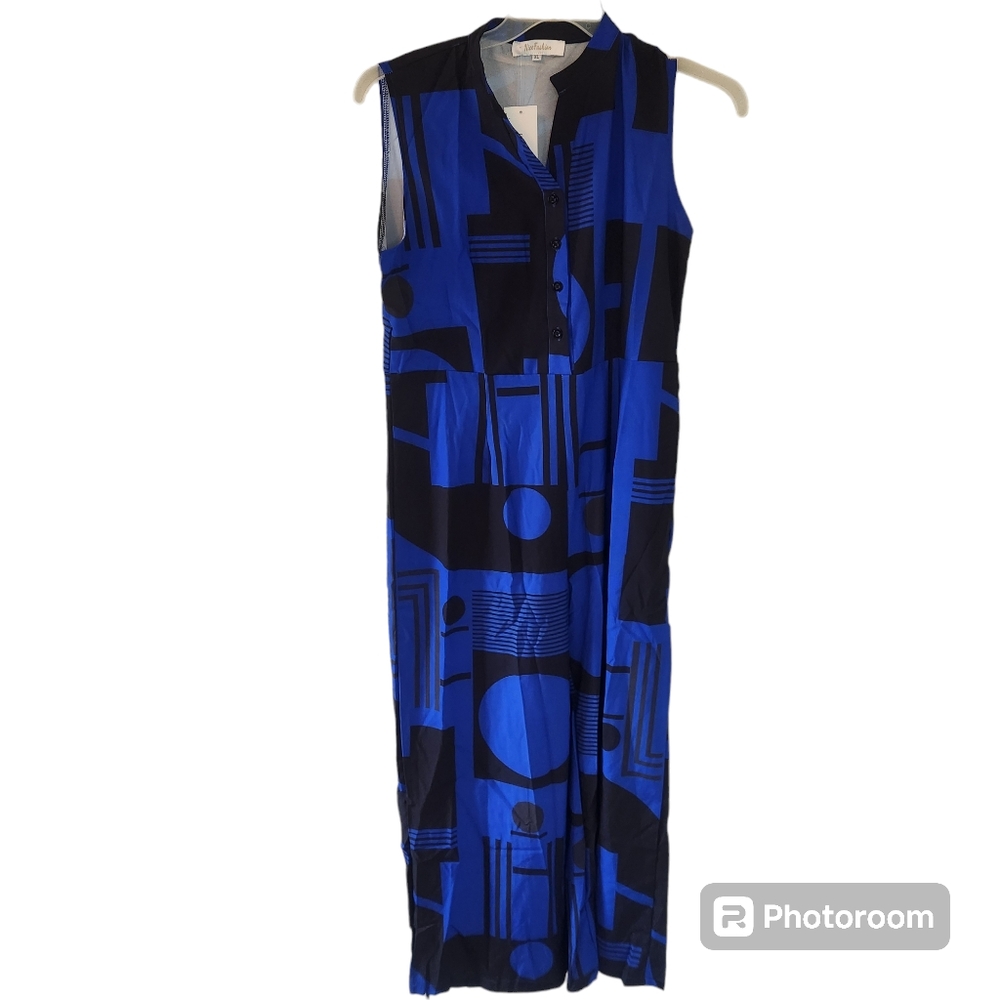 Nice Fashion blue and black jumpsuit.  Patterns have circles and stripes.